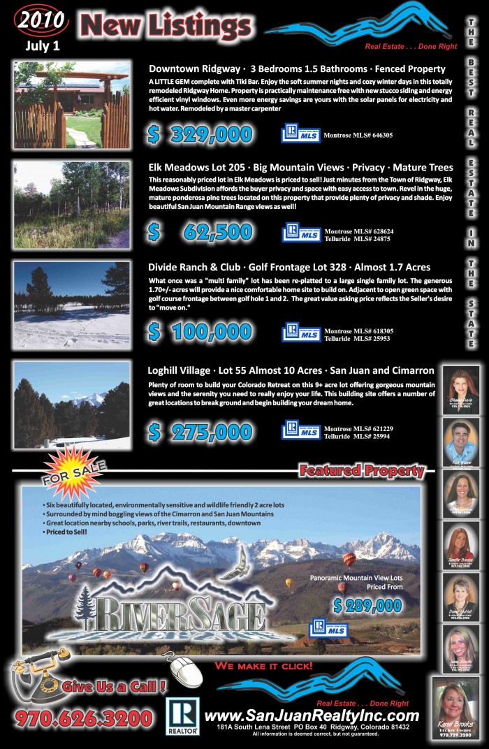 real estate ridgway ouray montrose telluride CO july 4